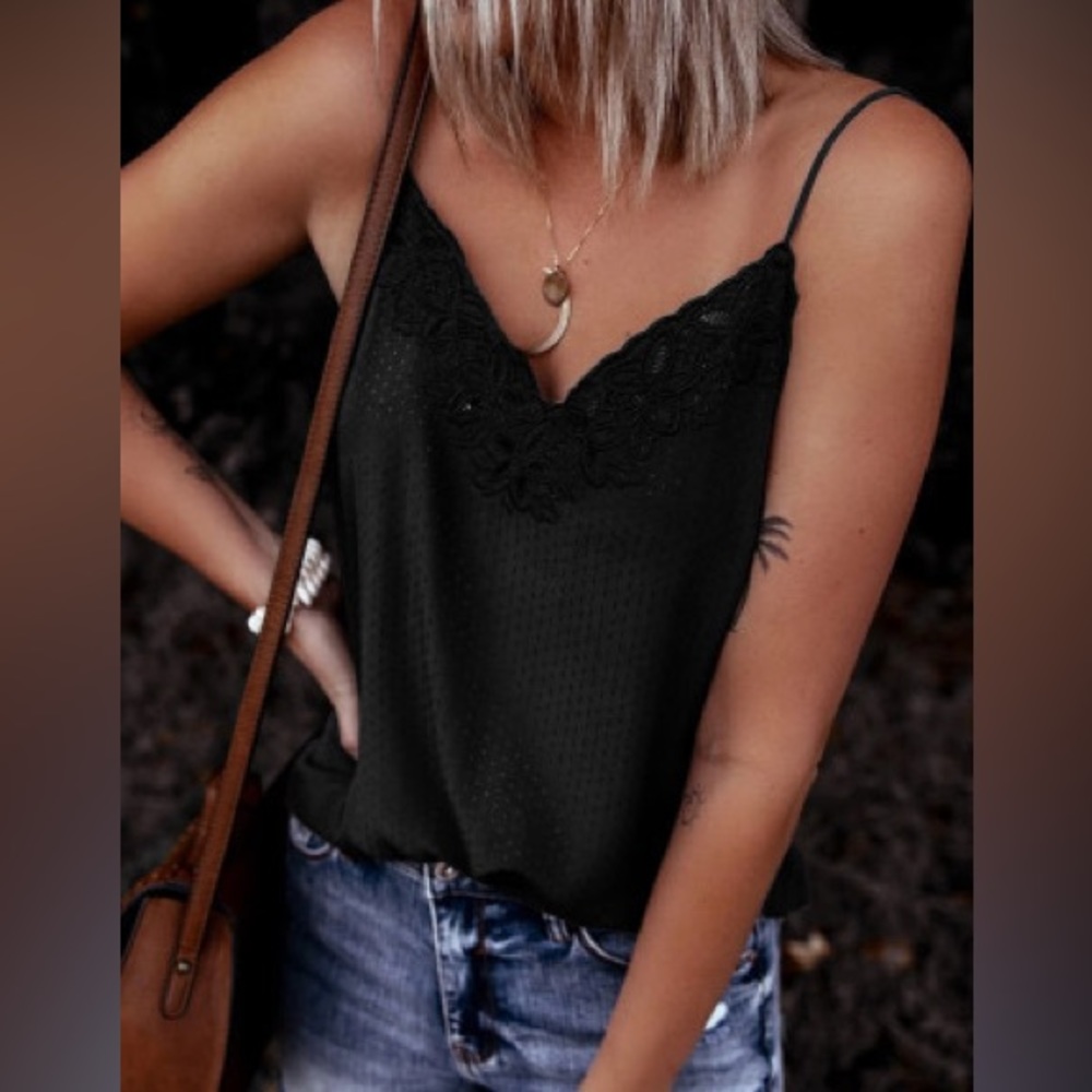 Black Crochet V-Neck Slip Tank Top